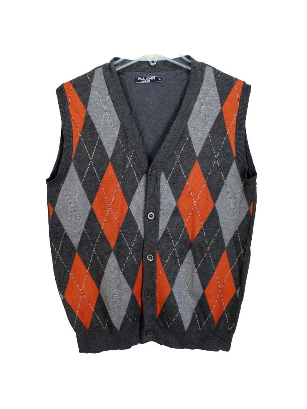 Paul Jones Argyle Button Front Sweater Vest Mens Sz M Gray Orange Preppy Grandpa